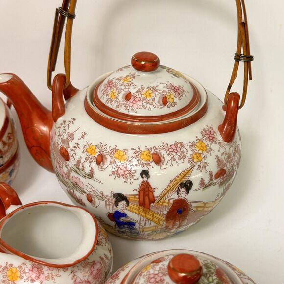 Japanese Kutani Style Full Tea Set Eggshell Porcelain Geisha 20 Piece (read) - Picture 4 of 16